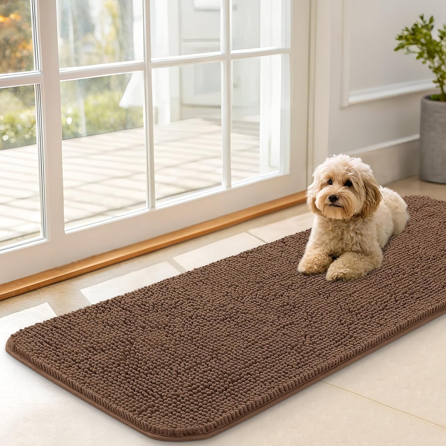 OLANLY Dog Door Mat - Absorbent Non-Slip Chenille for Muddy Paws | 47x17 Mocha Indoor Entryway Carpet