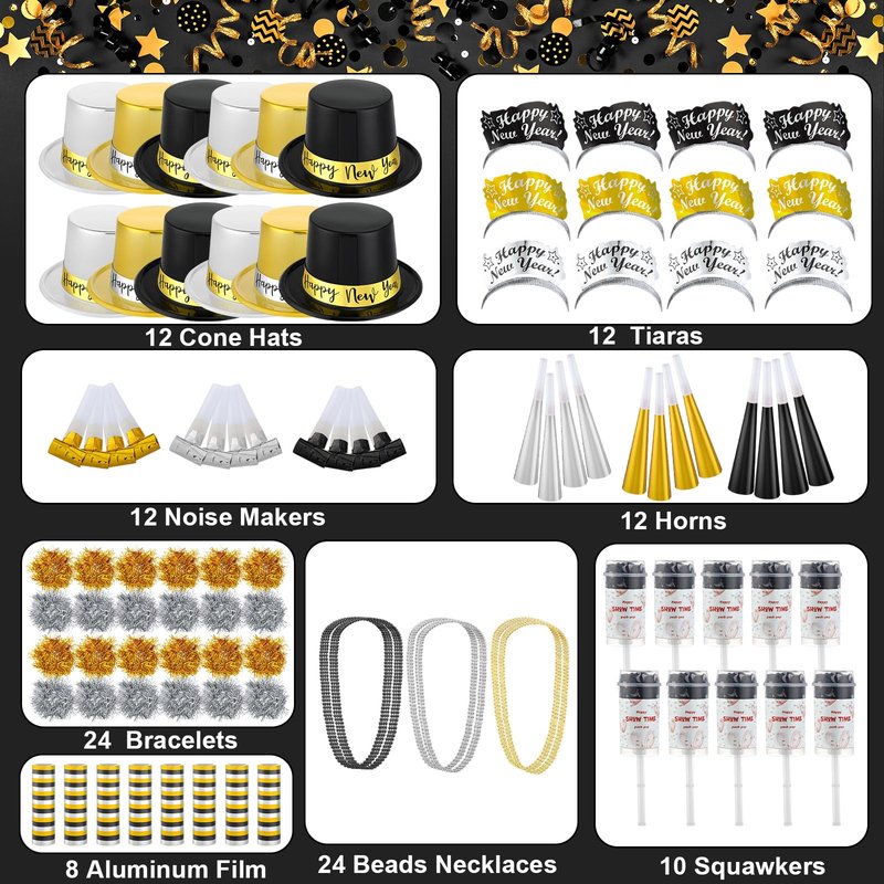 Ceenna 2026 New Year's Eve Party Decorations Supplies for 24 Guests 12 New Year Hats 12 Tiara 12 Blowing Horns 12 Metallic Fringed Noisemakers 24 Necklaces 24 Bracelets 10 Celebrations