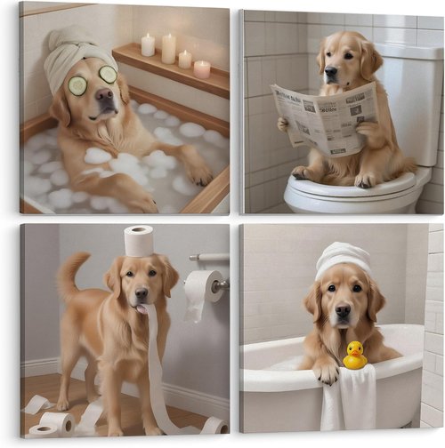 LUKIPOM Golden Retriever Bathroom Wall Art - Humorous Dog Canvas Prints Set of 4 | 8x8 Inches