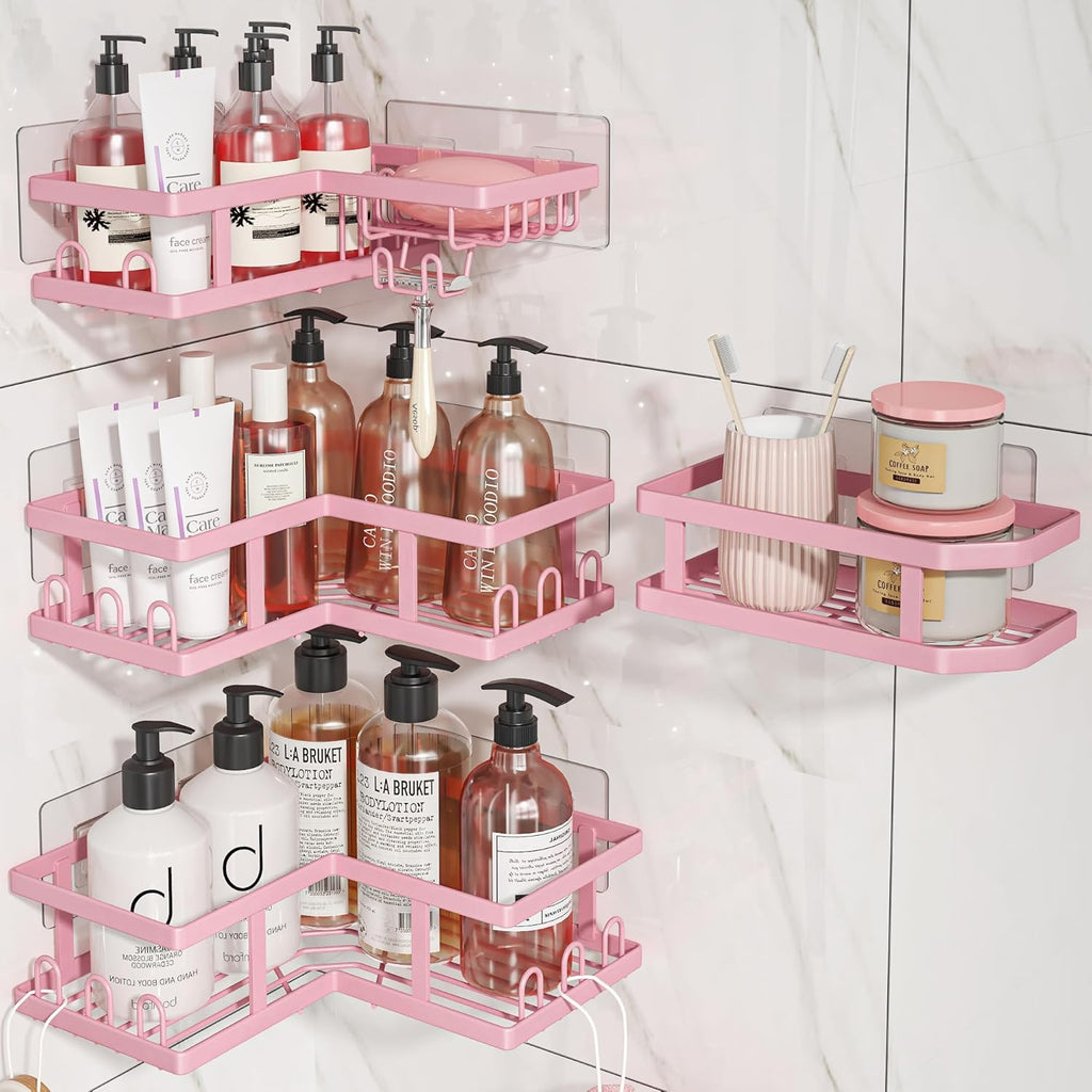 Youvip 4-Pack Adhesive Shower Caddy - Rustproof Wall-Mounted Organizer with Soap Holder | Pink