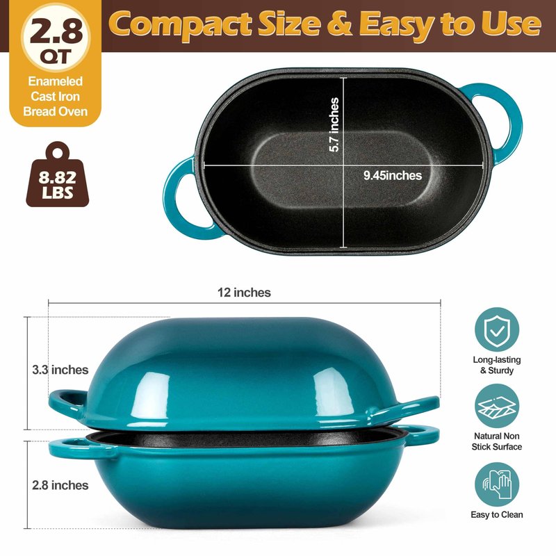 Homikit Enameled Cast Iron Dutch Oven for Bread Baking, 2.8 QT Oval Bread Oven Pot with Lid, 9.5 x 5.7 Inch Sourdough Loaf Baking Pan for Homemade Bread, Heavy Duty & Oven Safe, Dark Green