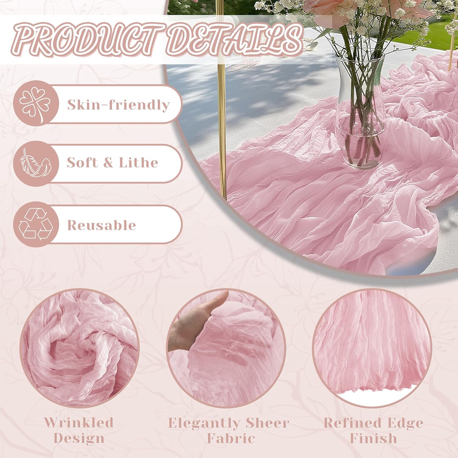 Skiennix Pink Cheesecloth Table Runner - 10Ft Boho Gauze for Weddings & Events | 120 Inches Long