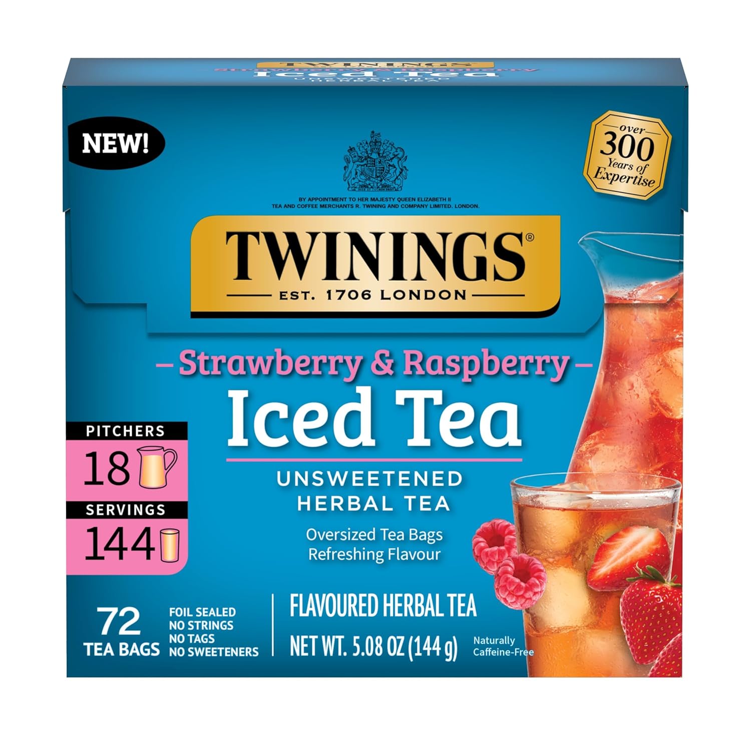 Twinings Strawberry & Raspberry Herbal Iced Tea - 72 Oversized Tea Bags, Unsweetened & Caffeine-Free