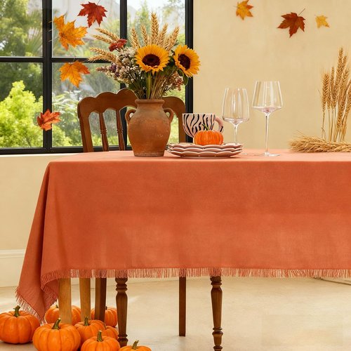 Midsummer Breeze Cotton Square Table Cloth for Fall, Holiday, Harvest, Thanksgiving Tablecloth-Handcraft Fringed Tablecloths (55" x 55",Orange)