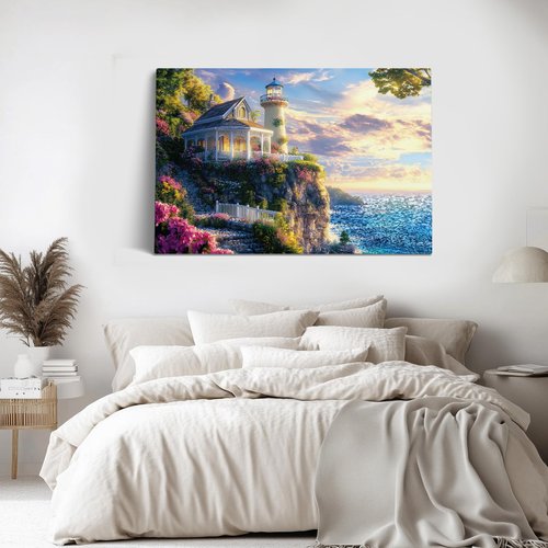 Thomas Kinkade Inspired Landscape Wall Art Classic American Countrystyle Framed Canvas Painting Artwork for Home Bedroom Office Decor Ready to Hang (Seaside Garden Villa, 30x24, Wrapped Canvas)