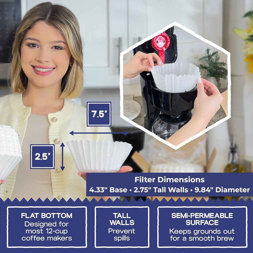 Pine & Pebble® 12-Cup Coffee Filters - 500 Count Tall-Walled Basket Style | No Grounds, No Mess | Fits BUNN & Standard Makers