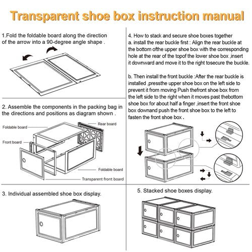 HWQBany 6 Pack X-Large Shoe Storage Boxes Organizer for Closet, Shoe Boxes Clear Plastic Stackable, Space Saving Foldable, Fit up to US Size 12 Shoes, Shoe Rack for Entryway, Closet, Under Bed, White