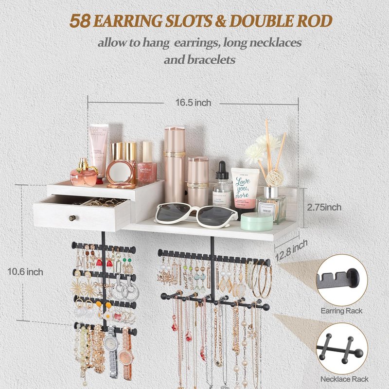 VINAEMO Jewelry Organizer Hanging Wall Mounted Jewelry Holder with Rustic Wood Drawer & Large Capacity Storage Shelf Rack Display for Earrings Rings Necklaces Bracelet(White)