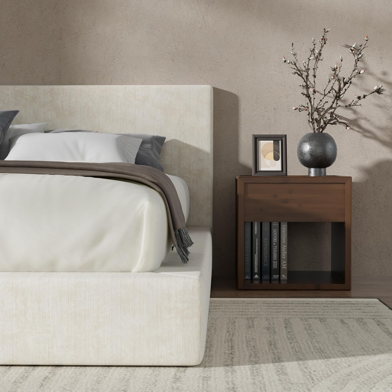 RECCI AirFrame Queen Bed Frame - Cloud Upholstered Platform with Headboard, 5-Inch Foam Cushioned, Easy Assembly | Beige Chenille