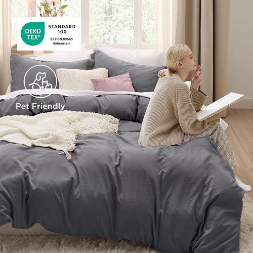 Bedsure Charcoal Grey Duvet Cover Set | Soft 3-Piece Queen Size with Zipper Closure - 90x90 Inches