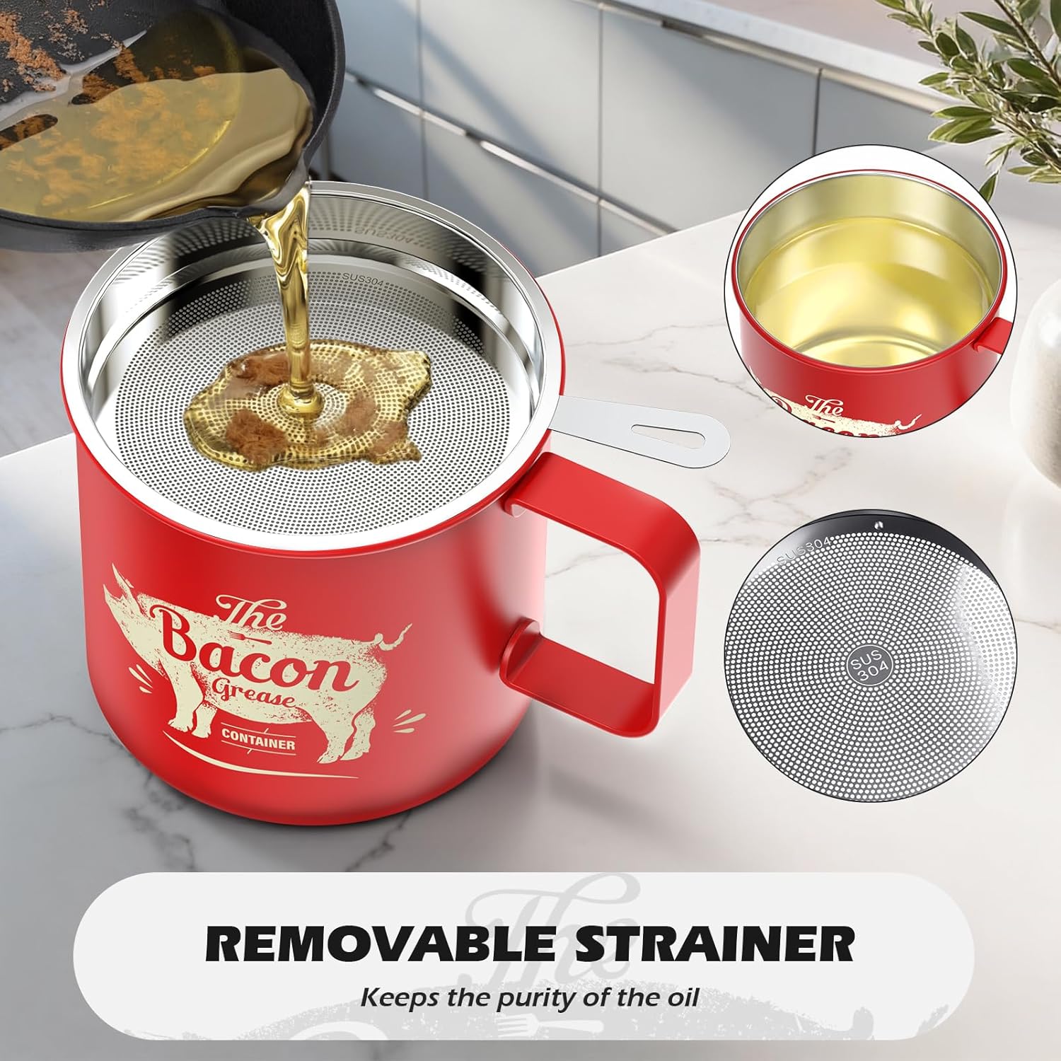 PGYARD Mini Bacon Grease Saver - 20 Oz Stainless Steel Oil Container | Dishwasher Safe Red Bacon Grease Keeper