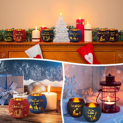 Jingmore Christmas Nativity Scene Votive Candle Holders - 6 Pcs Glass Set with Laser Engraved Designs for Holiday Decor