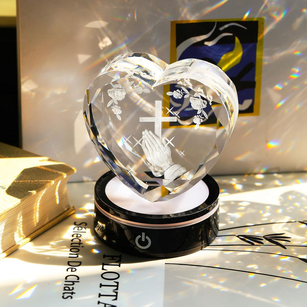 Ornalrist Crystal Heart 3D Praying Hands | Colorful LED Base Night Light Gift for Christians