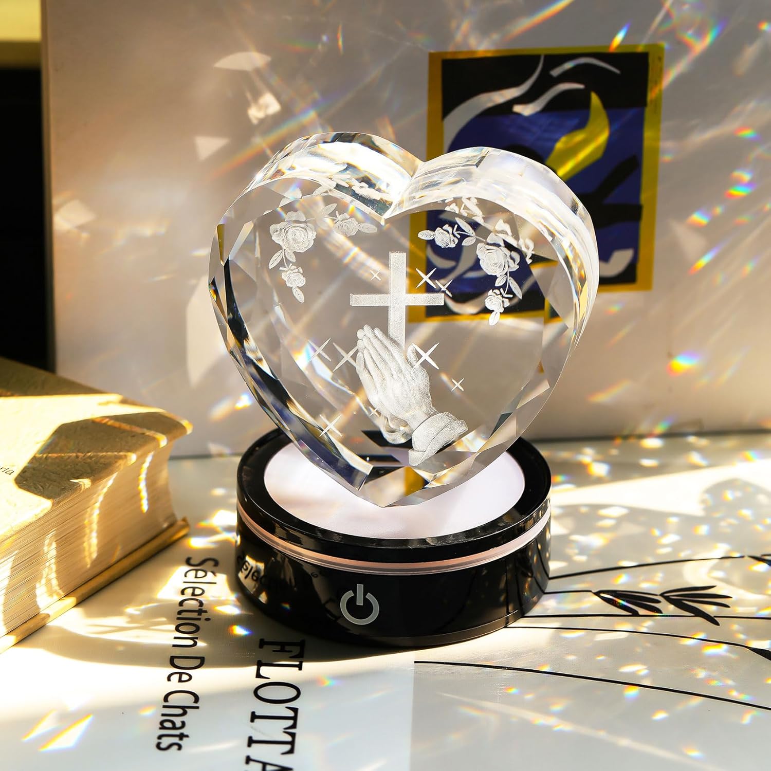 Ornalrist Crystal Heart 3D Praying Hands | Colorful LED Base Night Light Gift for Christians