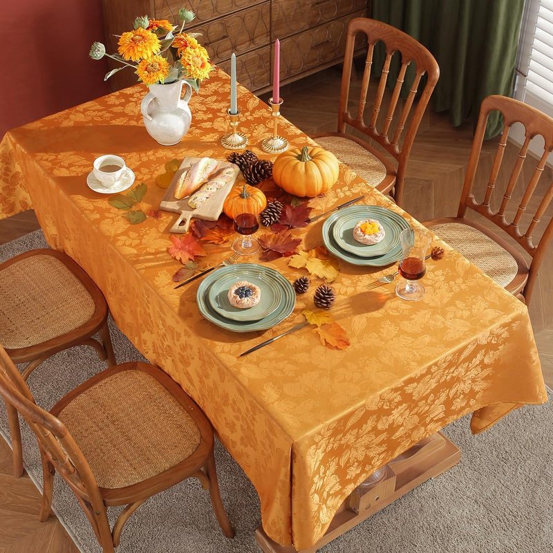 SASTYBALE Maple Leaves Jacquard Thanksgiving Tablecloth Rectangle Oil/Water Proof Fabric Damask Table Cloth for Fall, Autumn, Harvest, Rectangular/Oblong 52 x 70 Inch Amber