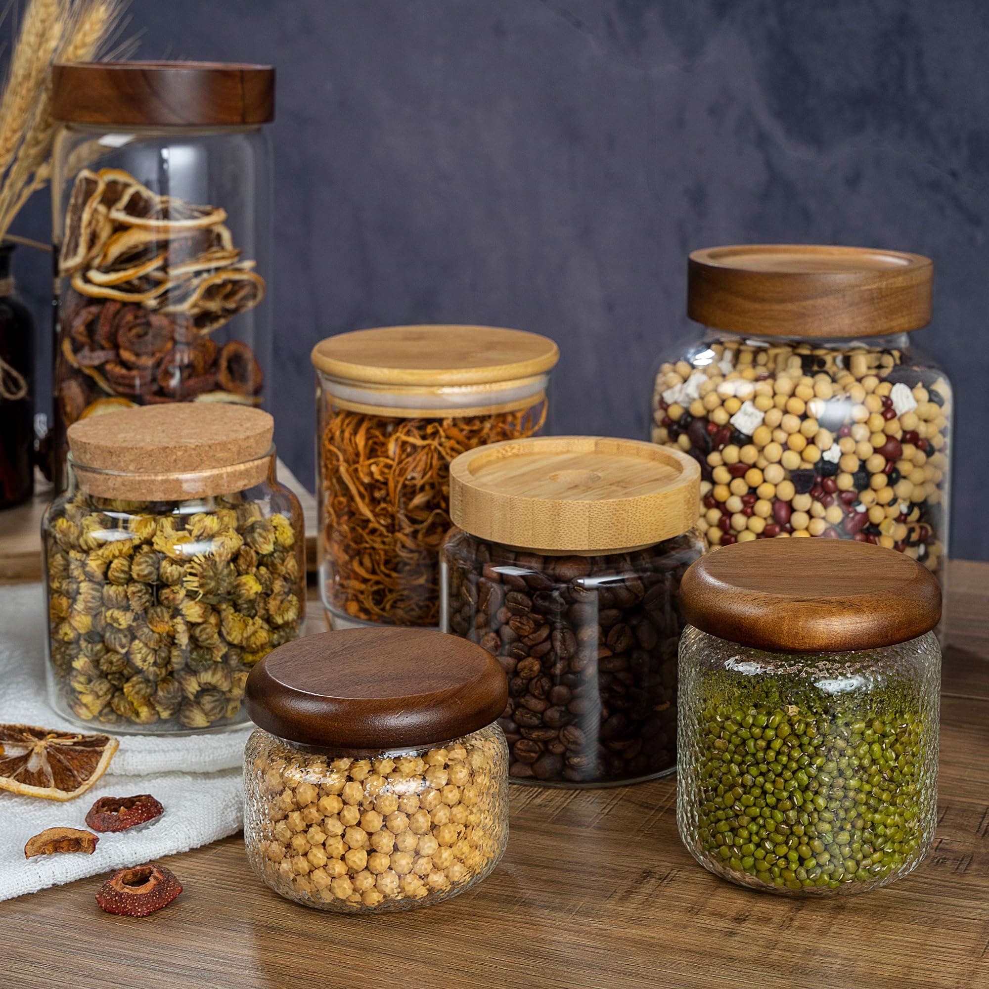 piconesper 1PC Glass Storage Jars with Airtight Lids, 45 fl oz (1400ml) coffee container with Wooden Lid, Glass Pantry Canister for Beans, Rice, Sugar and etc