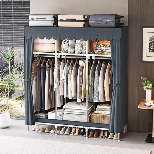 AOSENKO Portable Wardrobe Closet, 16mm Steel Frame Clothes Rack with Non-Woven Fabric Cover, Freestanding Closet Organizer with 3 Hanging Rods & 6 Shelves, Grey Fabric for Bedroom