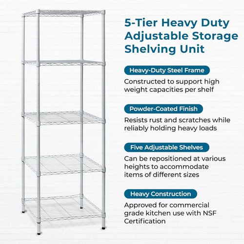 Honey-Can-Do 5-Tier Heavy-Duty Metal Storage Rack - Adjustable Shelves, 250-lb Capacity, White, 18" W x 24" L x 72" H