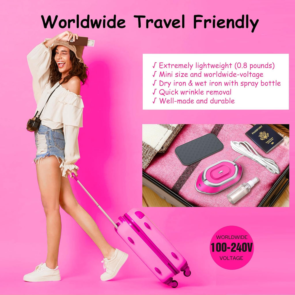 Newbealer Travel Iron - Mini Dry Iron with Global Voltage, 100-240V, 300W, Non-Stick Soleplate, Hot Pink