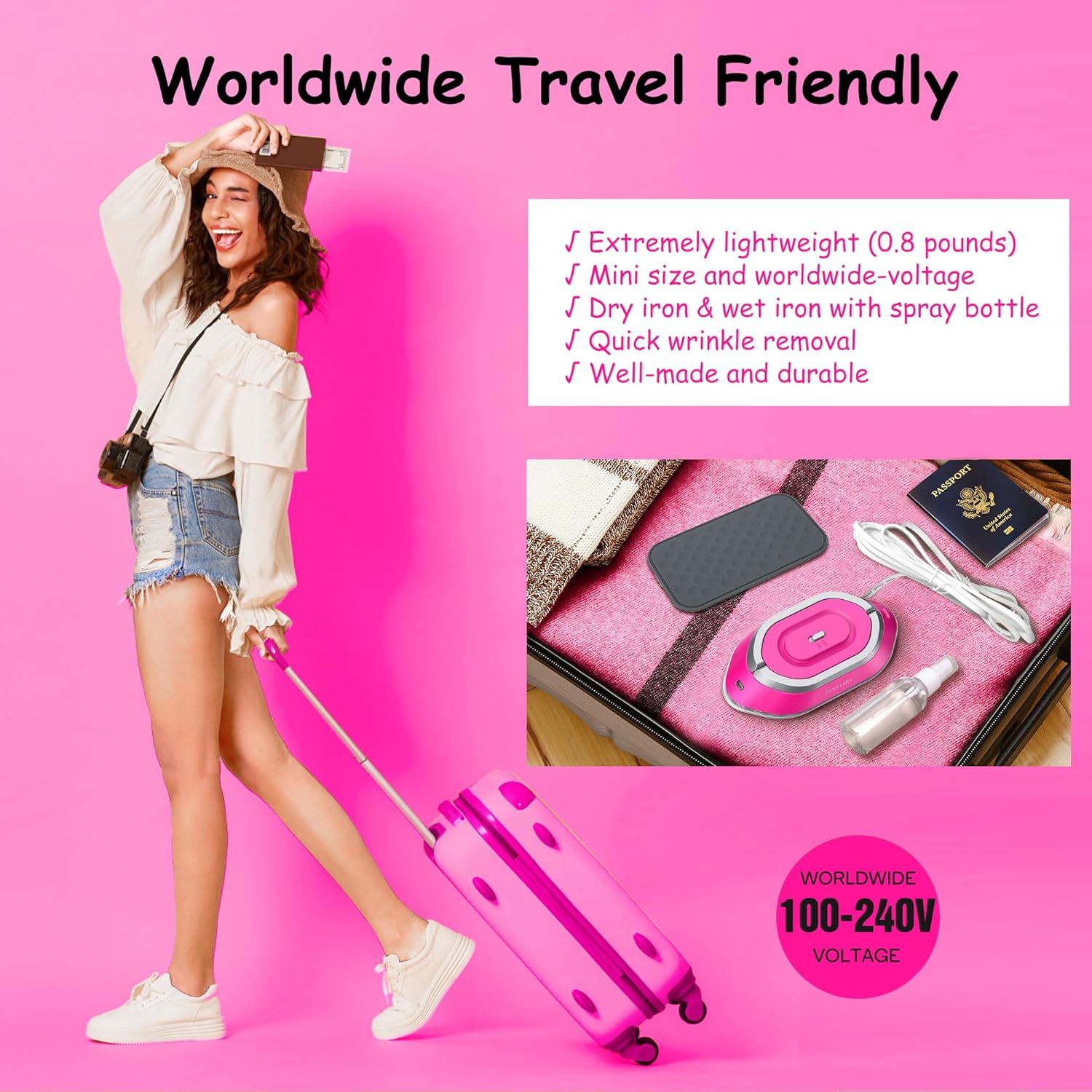 Newbealer Travel Iron - Mini Dry Iron with Global Voltage, 100-240V, 300W, Non-Stick Soleplate, Hot Pink