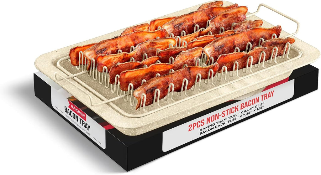 Skiennix Bacon Tray Set - Durable Non-Stick Cooking Tray with Marble Coating - White Stone & Carbon Steel