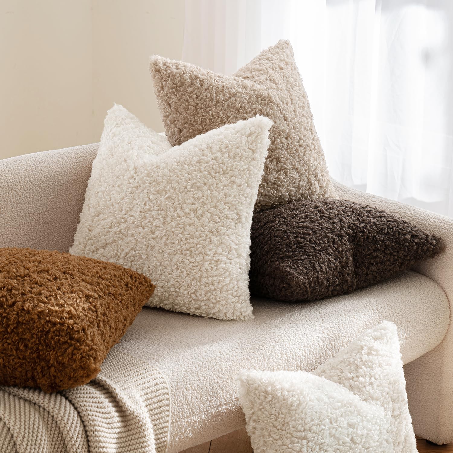 MIULEE Pack of 2 Faux Fur Throw Pillow Covers 18x18 Inch Neutral Light Beige Boucle Decorative Sherpa Pillow Covers Fuzzy Accent Soft Sheepskin Fleece for Boho Home Decor Couch Living Room Bed