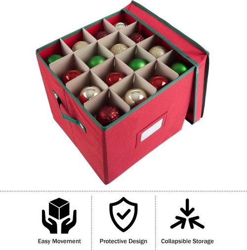 Elf Stor Christmas Decor Storage Box - Red Oxford Canvas Ornament Chest with 64 Dividers & Lid | Pack of 6
