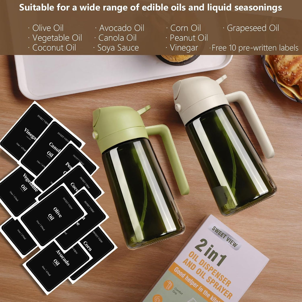Sweet View Olive Oil Dispenser & Sprayer - 16oz Glass Light-Proof Pourer for Cooking, BBQ & Salad