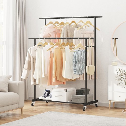 Calmootey Double Rod Clothing Rack - Portable Rolling Organizer for Bedroom & Living Room - Black