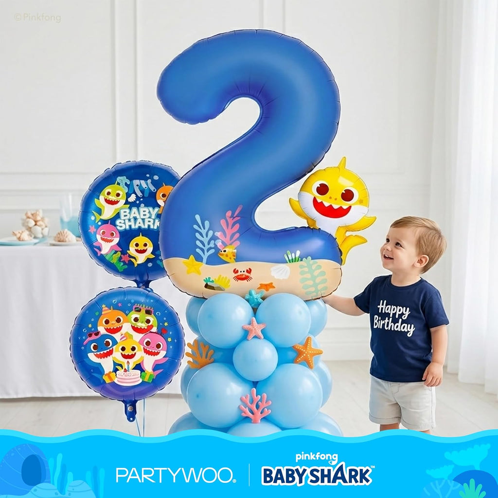 PartyWoo Baby Shark Blue Foil Number 2 Balloon - 5pcs 18-Inch Round Mylar Helium Decorations for Kids' Birthdays
