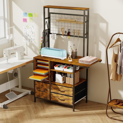 ARTETHYS Craft Table - Brown Storage Cabinet with Drawer & Fold-Out Desk for Craft Room
