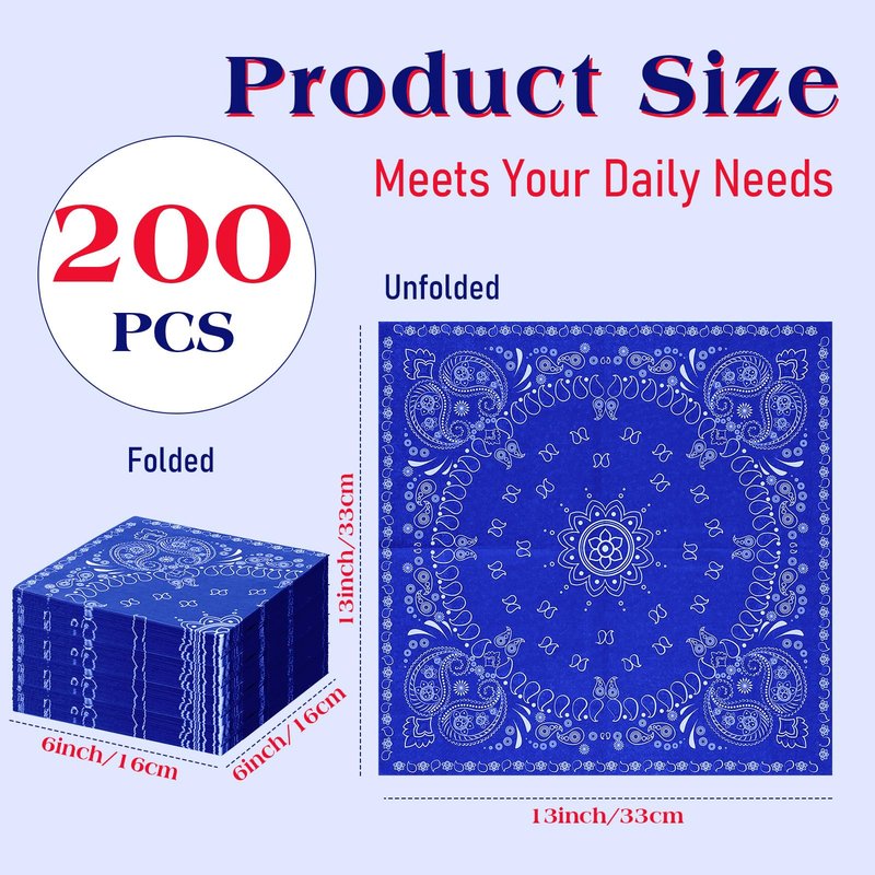 Teling 200 Pcs Western Bandana Napkins 2 Ply Bandana Paper Napkins Bulk Disposable Paisley Print Cocktail Napkin for Western Cowboy Theme Birthday Party Supplies, 6.3 * 6.3"(Blue)
