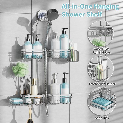 KEGII Hanging Shower Caddy - Rustproof Organizer with Soap Dish & Toothbrush Holder | Silver