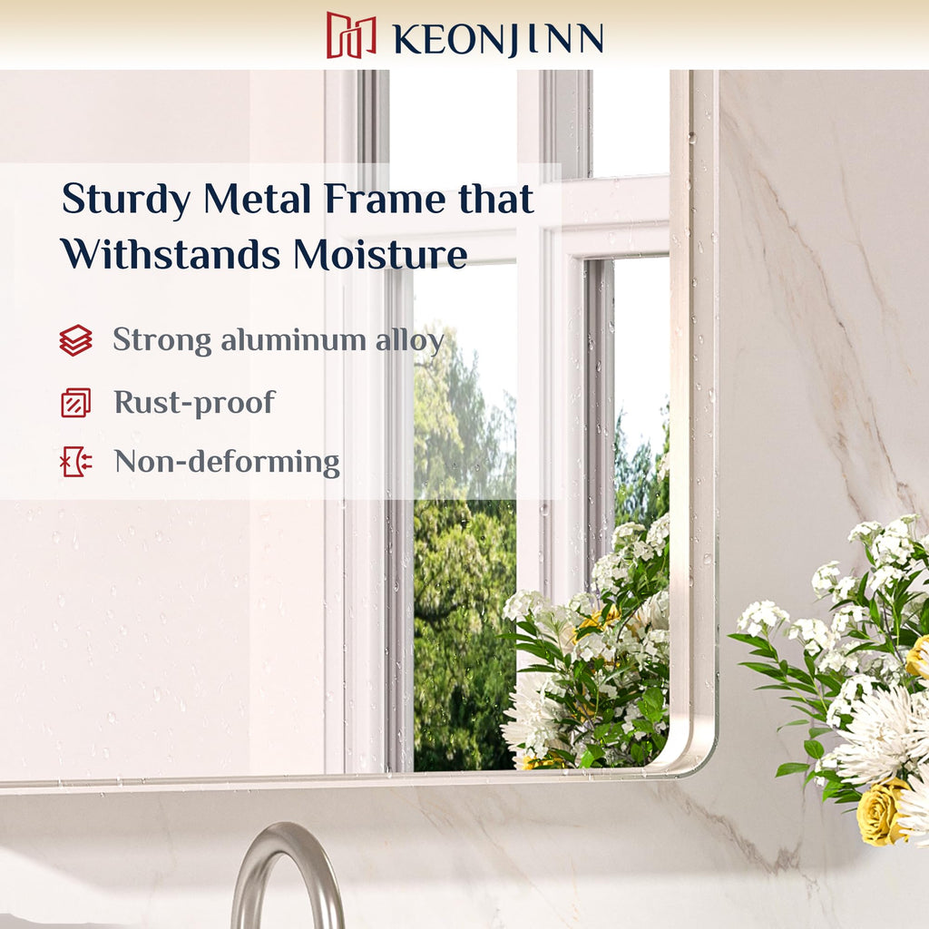 Keonjinn 20 x 30 Inch Brushed Nickel Bathroom Mirrors for Over Sink, Rounded Rectangle Silver Bathroom Vanity Mirror, Farmhouse Mirror for Wall, HD Tempered Glass, Anti-Rust Aluminum Alloy Mirror