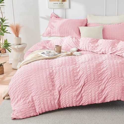 HYMOKEGE King Size Comforter Set - Luxurious Seersucker 7-Piece Bedding Set in Pink/Ivory