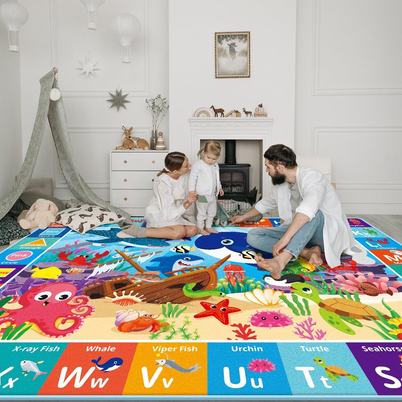 LTKOUGFAM Baby Play Mat for Floor, ABC Kids Play Mat, Sea Animals Kids Rugs for Girls and Boys Playroom, Foldable Rug for Baby Toddler Infants Crawling Playing (Blue, 78.7X59 INCH)