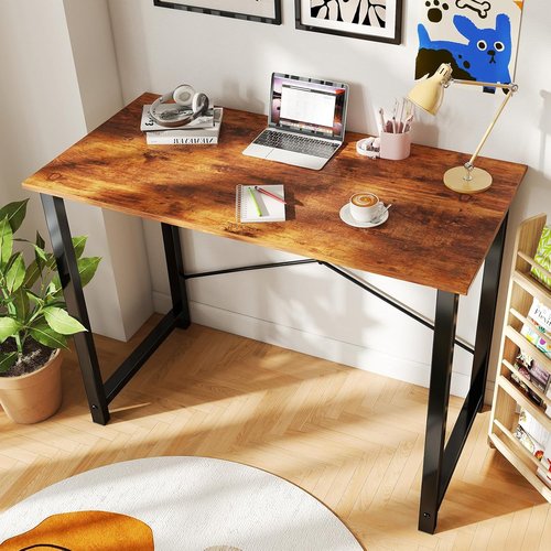 DUMOS 40-Inch Small Computer Desk - Modern Writing & Gaming Workstation for Home Office | Brown Metal Frame