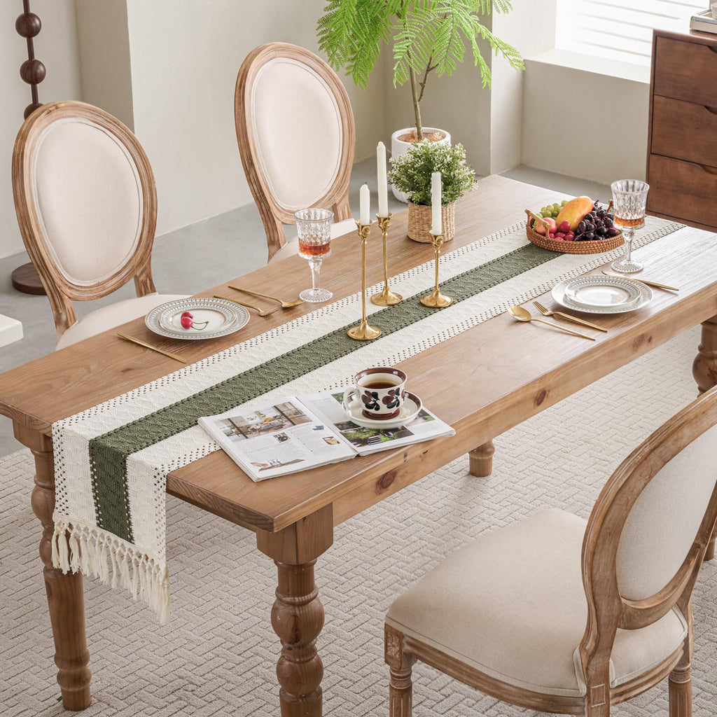 duduta Sage Green Christmas Macrame Table Runner 90 inch Long, Rustic Farmhouse Dresser Covers Boho Coffee Table Decor