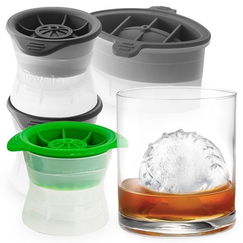 Tovolo Sports Ice Mold Bundle Set of 4 Golf Ball Football Baseball Basketball Shapes Large Craft Ice Cubes for Whiskey Cocktails with Silicone Lids, Easy Fill Craft Ice Mold for Sports Fans