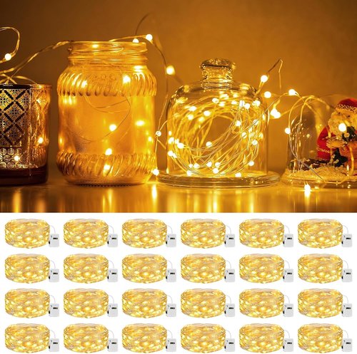 Litogo 24 Pack 7FT LED Fairy Lights - Battery Operated Twinkle String Lights | Waterproof Silver Wire for Weddings & Parties - Warm White