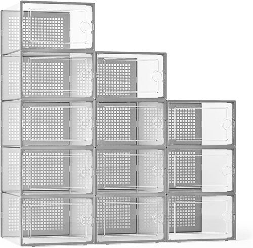 Kuject X-Large Shoe Storage Boxes - Clear Plastic Stackable Organizers | 12 Pack for Sneakers & Toys, Grey
