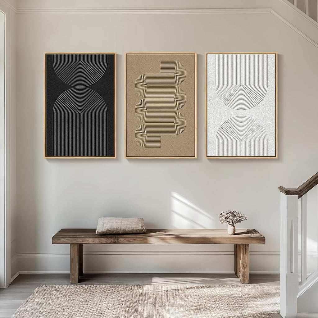 Skiennix Large Framed Boho Modern Abstract Wall Art - 3 Piece Black & White Canvas Set | 24x36 In for Living Room Decor