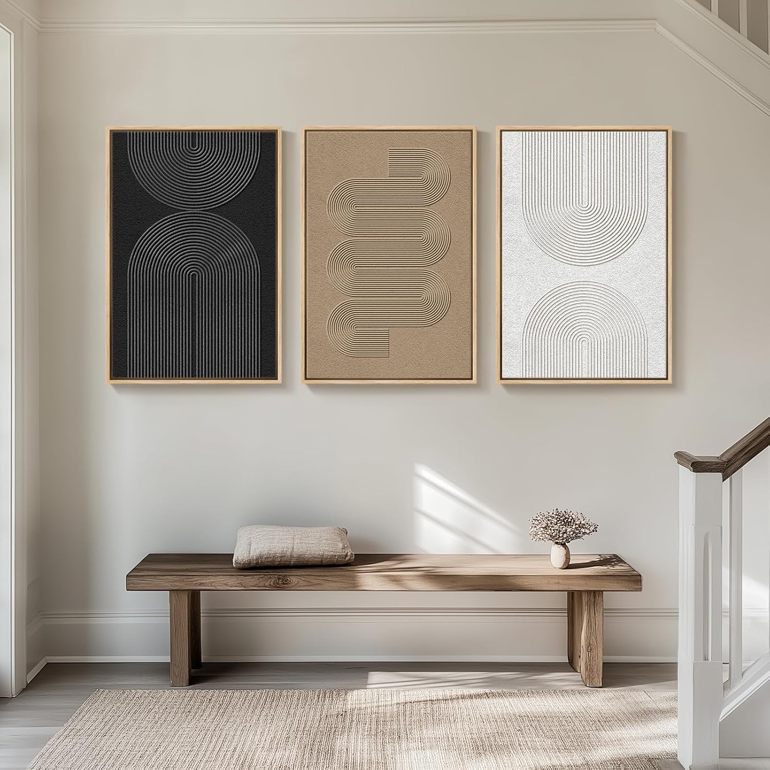 Skiennix Large Framed Boho Modern Abstract Wall Art - 3 Piece Black & White Canvas Set | 24x36 In for Living Room Decor