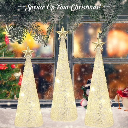 Lewondr LED Glass Christmas Tree Tabletop Lamps - Warm Yellow Light, 3 PCS with Timer for Holiday Decor