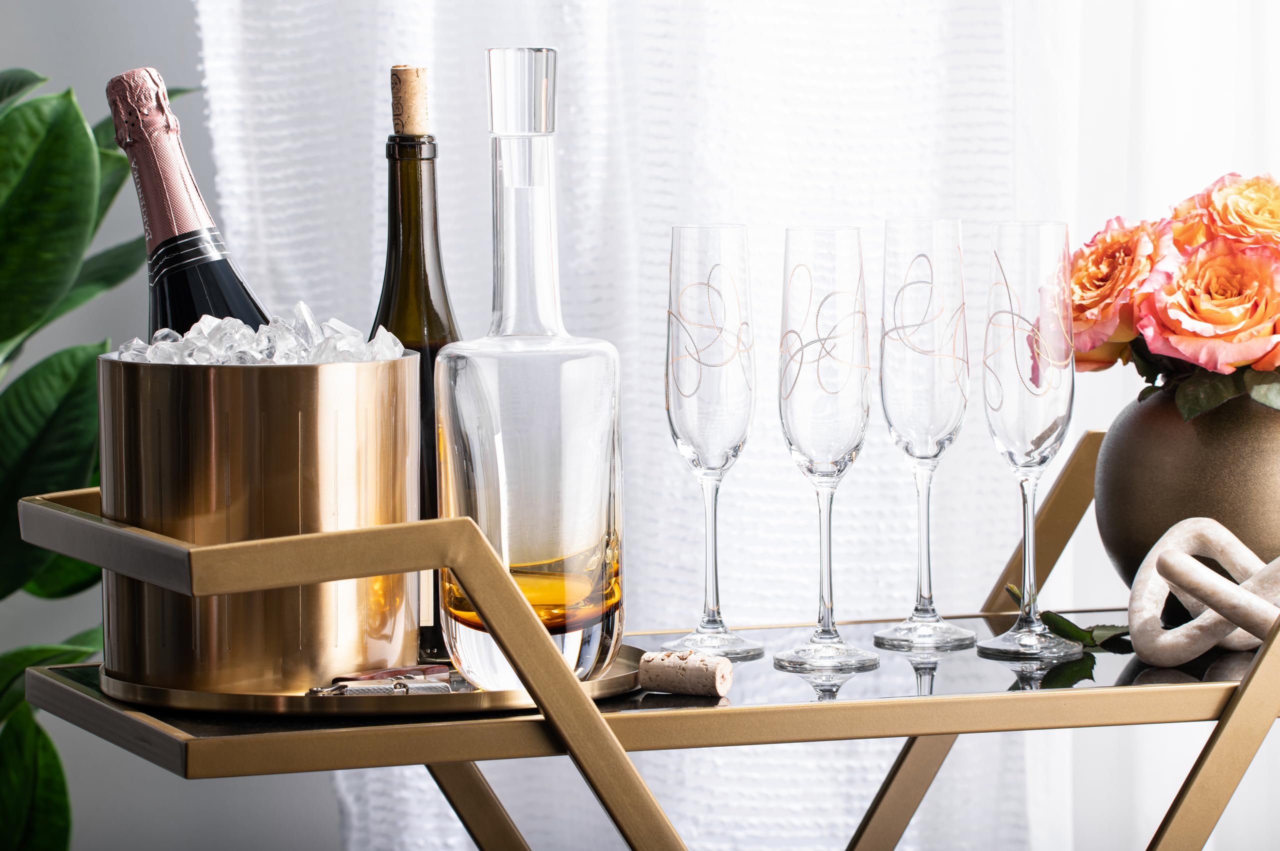 Barski Champagne - Flute - Glasses - Glass Crystal - Wedding Toasting Flutes - With Gold String Design - Set of 2 Each Glass is 9 oz. - Gift Boxed - Made in Europe