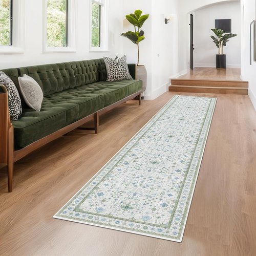 Hazo Haus Oushak 3x10 Wide Hallway Runner Rug - Vintage Turkish Floral Design | Washable Non-Slip Low Pile - Light Blue & Green