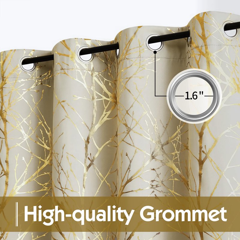 FMFUNCTEX 100% Blackout Curtains for Bedroom, Curtains 96 Inches Long Gold Ivory Tree Branch Thermal Curtain Drapes for Living Room Darkening Window Curtains,Farmhouse Curtain Grommet Top 2 Panels