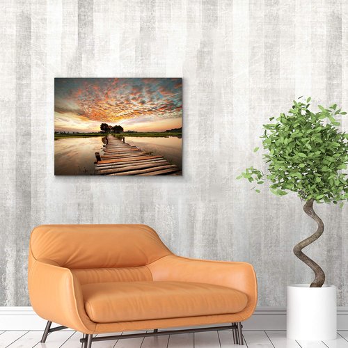 Landscape Artworks Pictures Wall Art: Stairway to Heaven’s Sunset Stunning Lake Bridge Print on Canvas for Living Room (18” x 24” x 1 Panel)