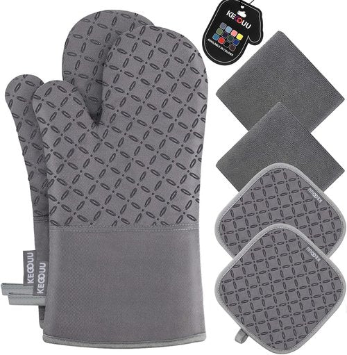 KEGOUU High Heat Resistant Oven Mitts - 6-Piece Set with Non-Slip Silicone | Extra Long, Grey