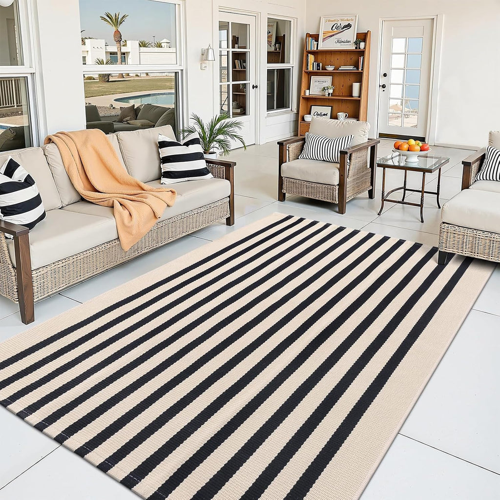 OLANLY Striped Rug - Washable Beige and Black Cotton Doormat 4' x 6' for Indoor/Outdoor Use